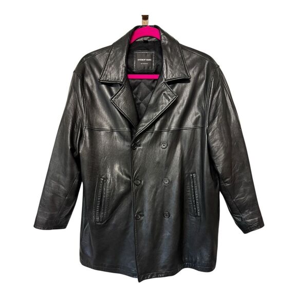 Andrew Marc Men's Double Breasted Black Leather Jacket Size G/L - Picture 1 of 8